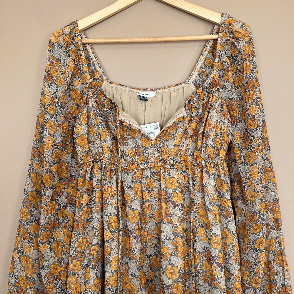 {American Eagle} Long Sleeve Chiffon Floral Babydoll Mini Dress - Medium - NWT - Picture 3 of 11